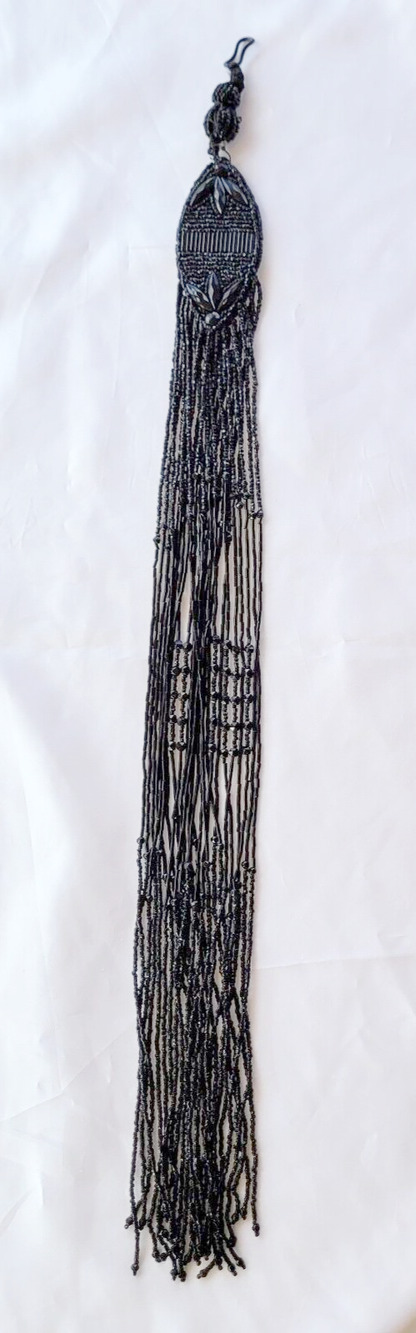 21" Long Artisan OOAK Hanging Light Pull Decor Ornament Black Beaded Fringe Goth
